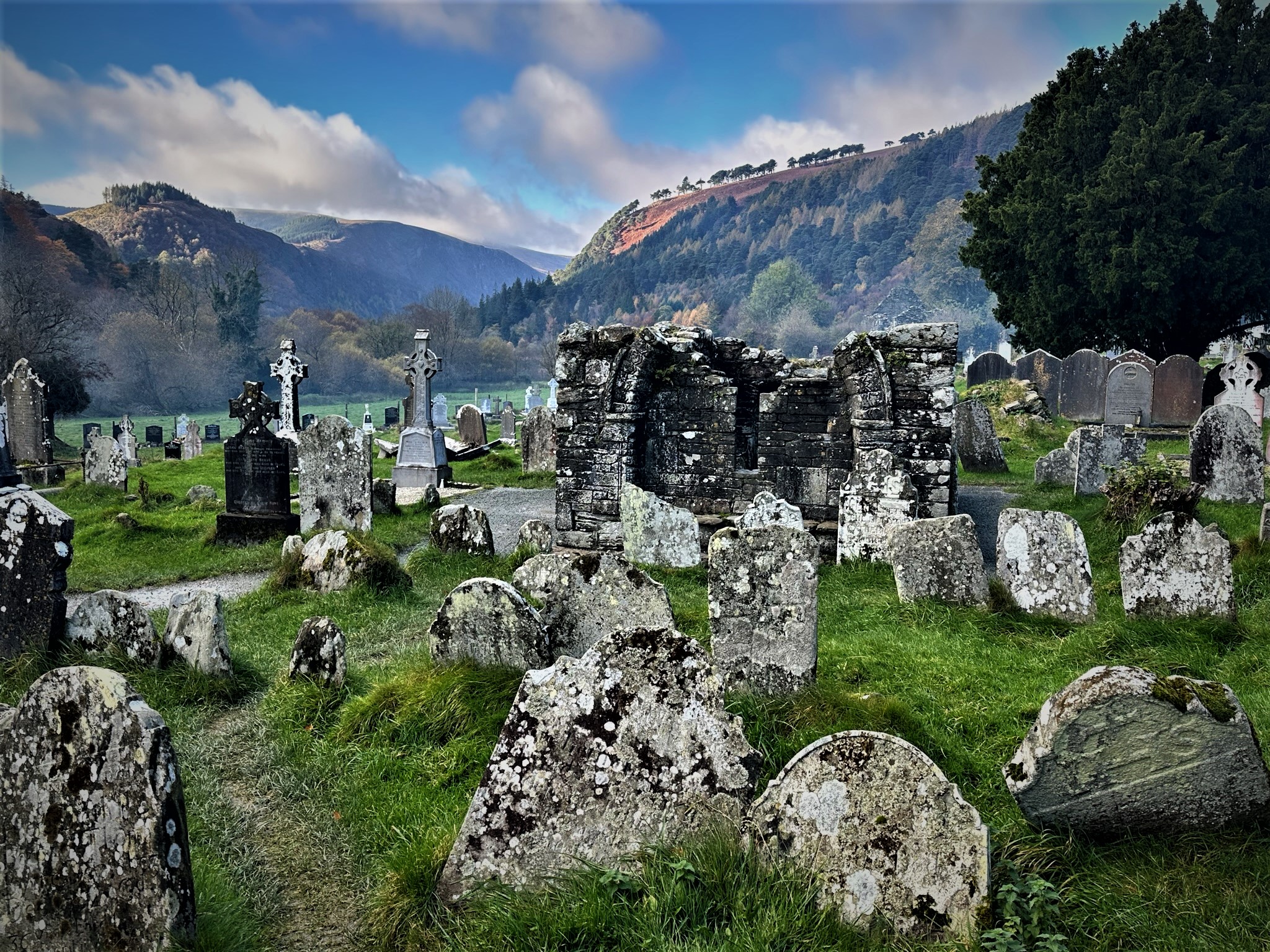 Weathered headstones with mountains in the distance